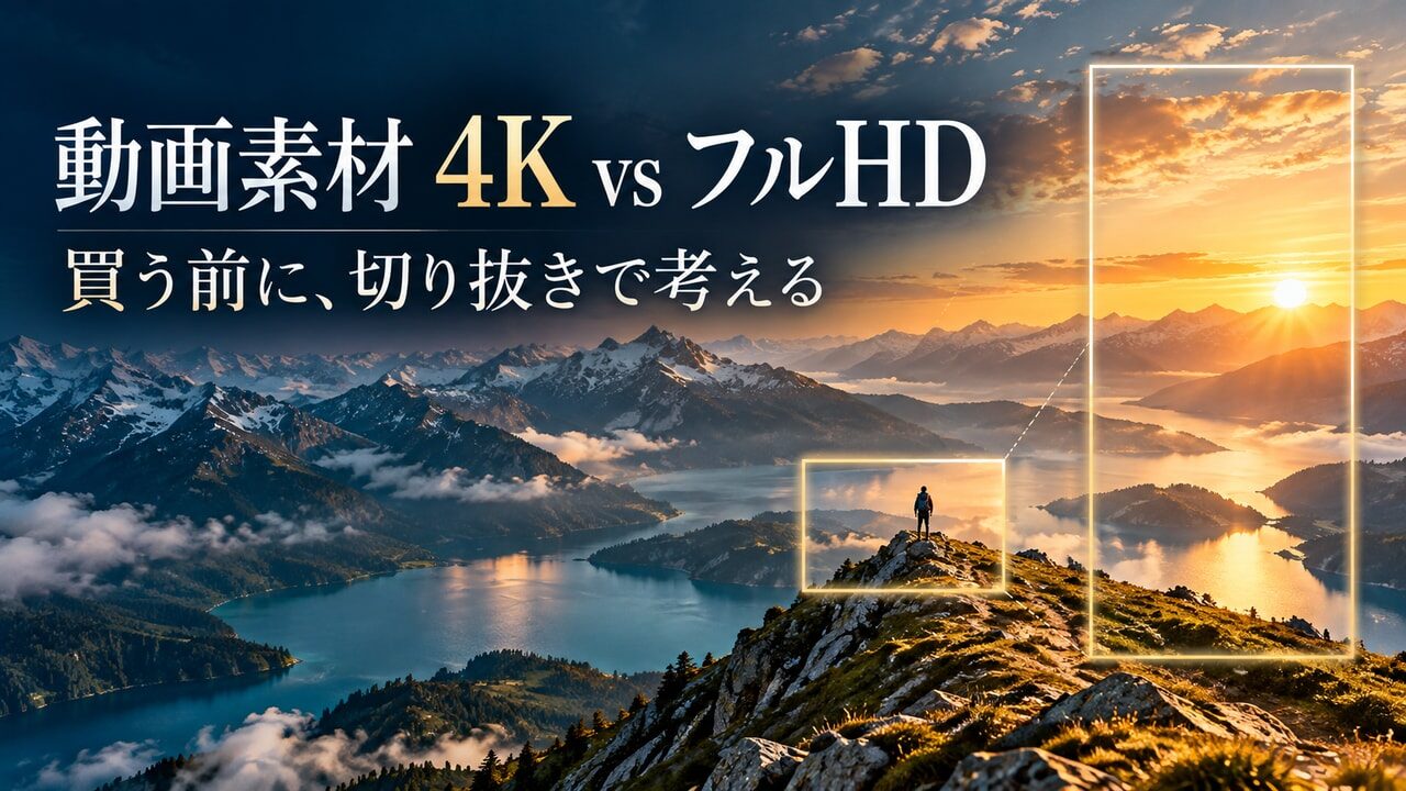山と湖の風景に横と縦の切り抜き枠を重ね、動画素材の4KとフルHDの選び方を示すオリジナル概念イメージ。実素材の画質比較ではない。