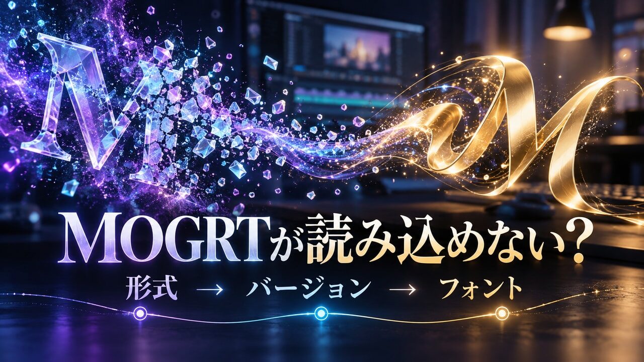 崩れた文字の粒子が光のラインへつながる、MOGRT読み込み時の形式・バージョン・フォント確認を示すオリジナル概念イメージ。実際のエラー画面ではない。
