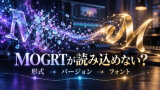 崩れた文字の粒子が光のラインへつながる、MOGRT読み込み時の形式・バージョン・フォント確認を示すオリジナル概念イメージ。実際のエラー画面ではない。