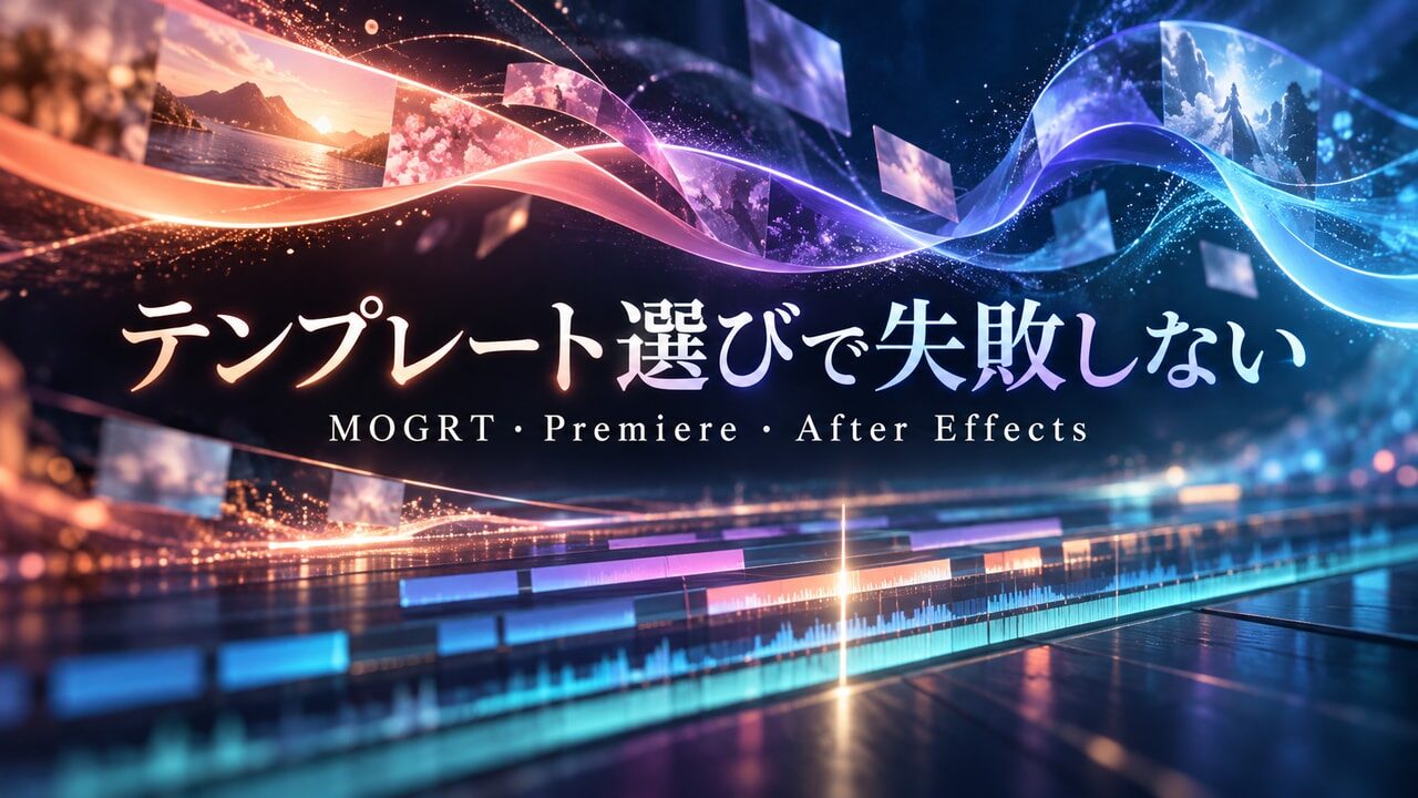 映像と光のリボンが編集タイムラインへつながる、MOGRT・Premiere・After Effectsのテンプレート選びを示すオリジナル概念イメージ。実際のソフト画面ではない。