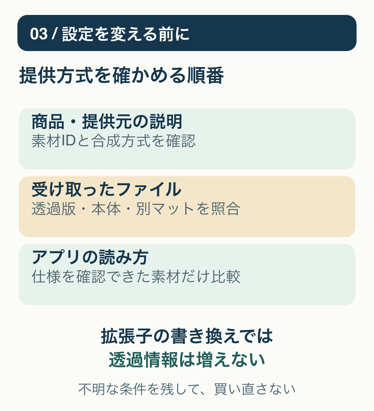 提供方式を確認してからアルファの扱いを調べる。拡張子変更では透過情報は増えない。