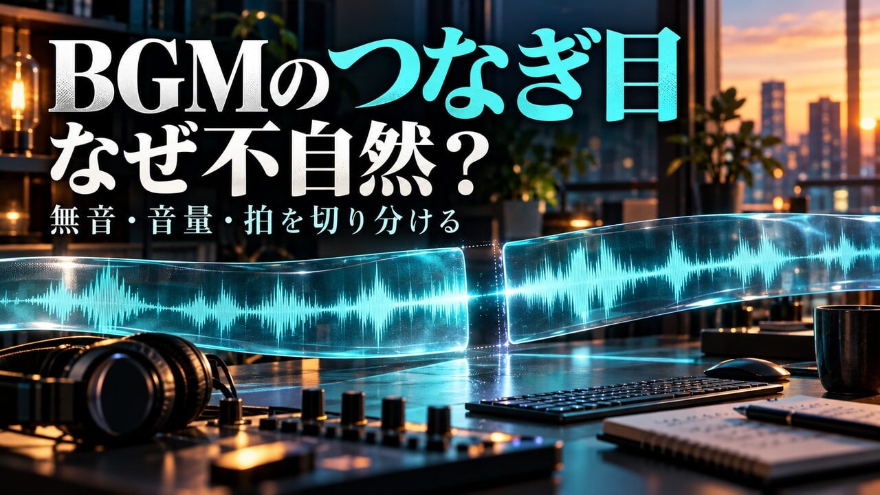 BGMのつなぎ目が途切れる状態と自然につながる状態の概念対比。