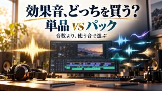 単品の効果音と複数の音をまとめて選ぶ用途を対比した概念イメージ。