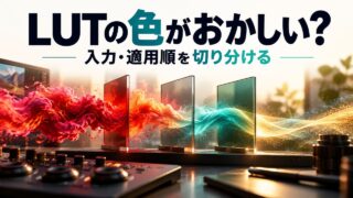 「LUTの色がおかしい？」「入力・適用順を切り分ける」の見出し。編集机と色の光帯を重ねたオリジナル概念イメージ。実際のソフト画面や補正結果の実測ではありません。