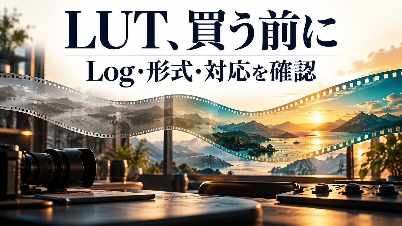 「LUT、買う前に」「Log・形式・対応を確認」の見出し。編集机に、色の異なる抽象的なフィルム帯を重ねたオリジナル概念イメージ。実商品や実測の適用結果ではありません。