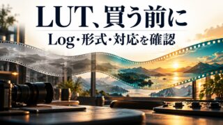 「LUT、買う前に」「Log・形式・対応を確認」の見出し。編集机に、色の異なる抽象的なフィルム帯を重ねたオリジナル概念イメージ。実商品や実測の適用結果ではありません。