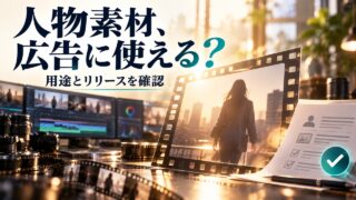 「人物素材、広告に使える？」「用途とリリースを確認」の見出し。編集机上の人物シルエット入りフィルムと書類を描くオリジナル概念イメージ。実在モデルや公式許諾書ではありません。