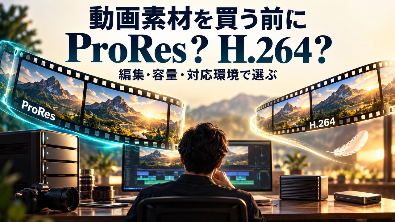 動画素材を買う前にProResとH.264を編集・容量・対応環境で選ぶ。編集机と同じ風景を載せた2本のフィルムの概念イメージ。画質や速度の実測比較ではありません。