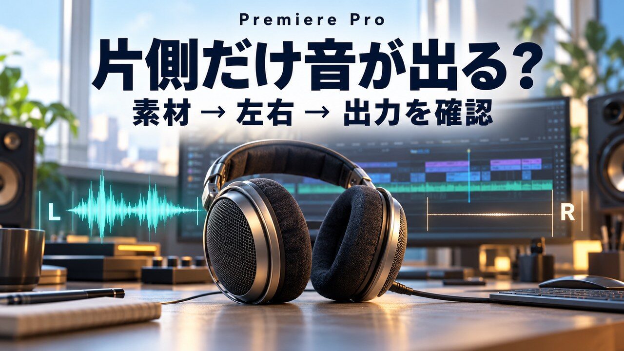 Premiere Proで片側だけ音が出る時の確認。ヘッドホンとL側の波形、R側の静かな線を配した概念イメージ。実際のアプリ画面や音声計測ではありません。
