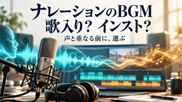 ナレーションのBGMは歌入りかインストか。マイク、語りと音楽を表す2色の光の波形を配したオリジナル概念イメージ。実際の音声解析ではありません。