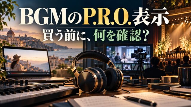 BGMの購入前に利用先と必要な確認を整理する概念イメージ。Web、放送、会場を表し、個別の使用許諾や費用免除を示すものではありません。