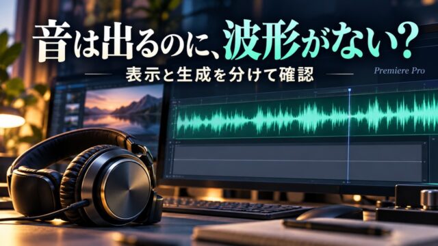 波形のある領域と見えない領域を対比した編集机の概念イメージ。実際のPremiere画面や実機で再現した不具合ではありません。