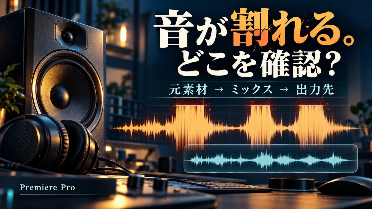 スピーカーと音声波形を使って音割れの確認場所を示す概念イメージ。実際のPremiere画面や実測の修復結果ではありません。