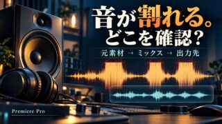スピーカーと音声波形を使って音割れの確認場所を示す概念イメージ。実際のPremiere画面や実測の修復結果ではありません。