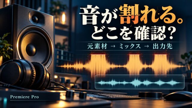 スピーカーと音声波形を使って音割れの確認場所を示す概念イメージ。実際のPremiere画面や実測の修復結果ではありません。