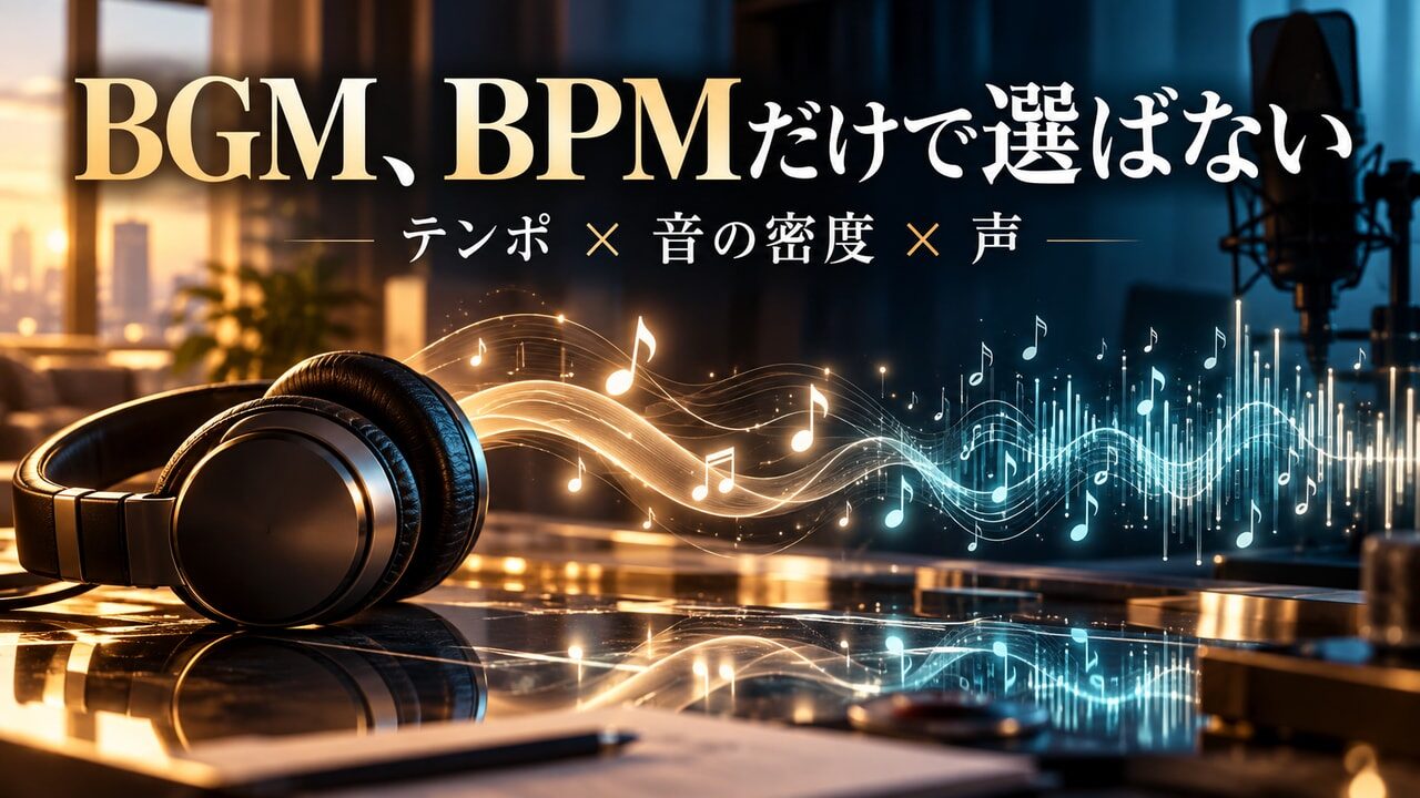 ヘッドホンと音符、粗い拍と密な音を対比したBGM選定の概念イメージ。実際の曲や製品の測定ではありません。
