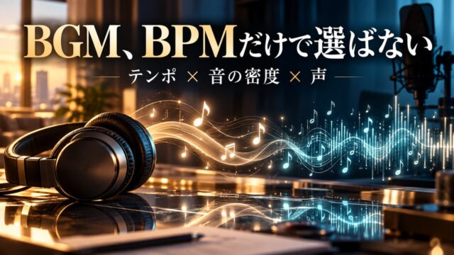 ヘッドホンと音符、粗い拍と密な音を対比したBGM選定の概念イメージ。実際の曲や製品の測定ではありません。