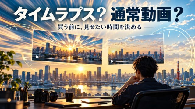 街と雲の経過を短く見せる画面と通常の一場面を対比した概念イメージ。実際の販売素材や撮影結果ではありません。