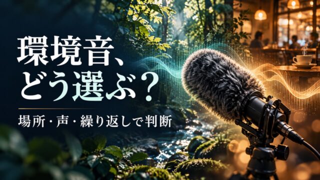 マイクと森・店内の気配で環境音の選び方を表現した概念イメージ。実製品や特定の録音内容ではありません。
