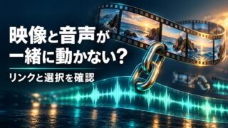 映像の帯と音声の波形を鎖でつなぎ、一緒に選択する関係を表した概念イメージ。実際のPremiere画面ではありません。
