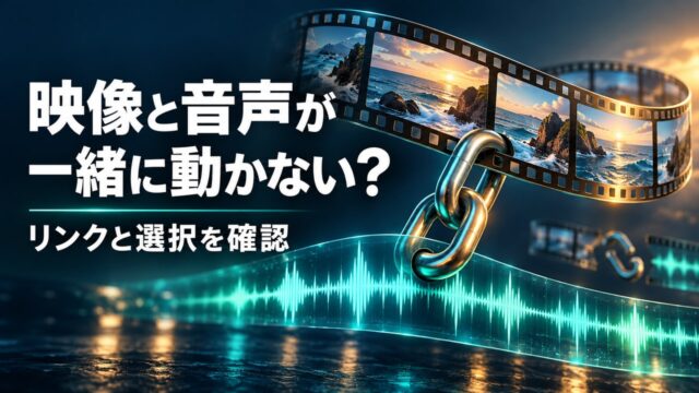 映像の帯と音声の波形を鎖でつなぎ、一緒に選択する関係を表した概念イメージ。実際のPremiere画面ではありません。