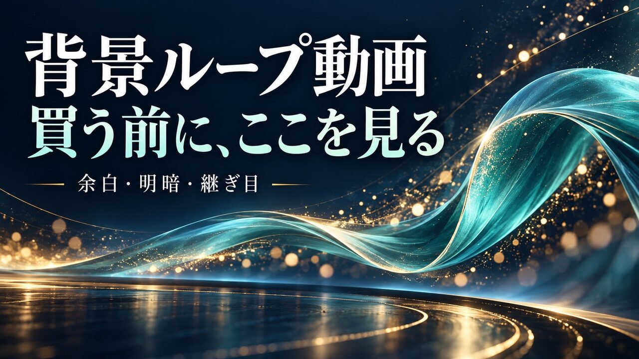 流れる光と文字の余白で背景ループ動画の選定を表現した概念イメージ。販売素材や実測結果ではありません。