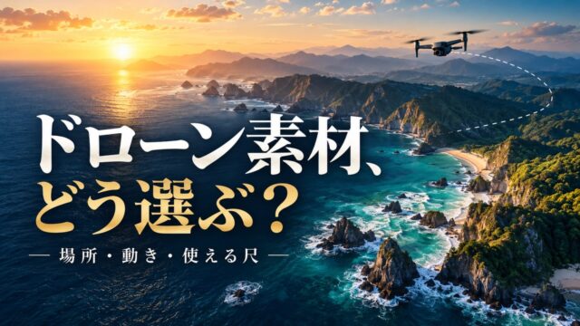 空から見た架空の海岸と軌道でドローン素材の選び方を表現した概念イメージ。実在する場所や販売素材の写真ではありません。