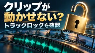 開いた鍵と映像・音声の帯でトラックロック解除を表した概念イメージ。Premiereの実画面ではありません。