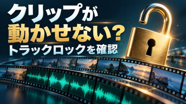 開いた鍵と映像・音声の帯でトラックロック解除を表した概念イメージ。Premiereの実画面ではありません。