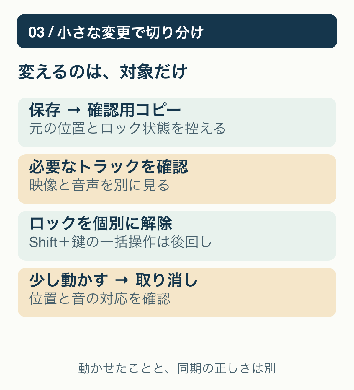 保存とコピー、対象トラックの状態確認、対象だけロック解除、少し位置を動かして確認し取り消す安全な手順。