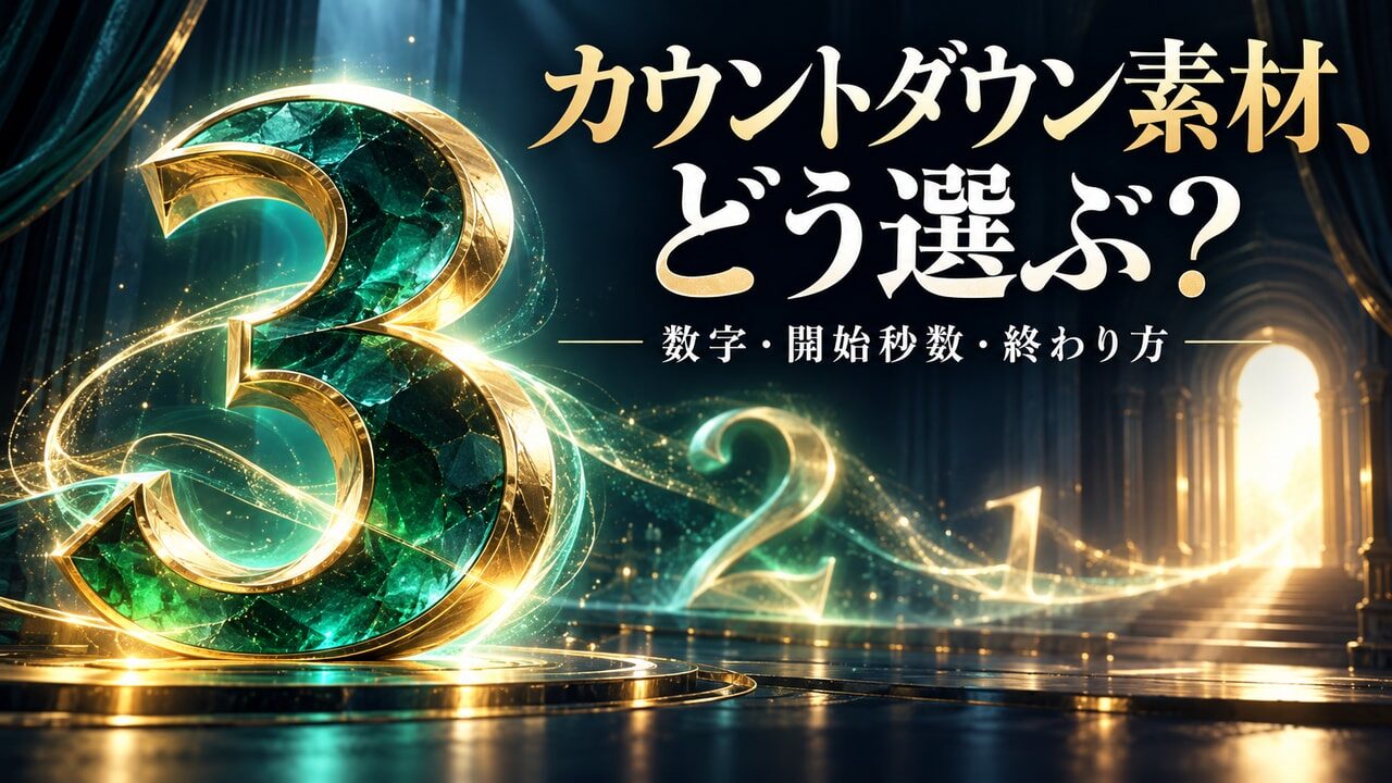 発光する数字と本編への流れでカウントダウン素材の選び方を表した概念イメージ。特定商品の数字列や映像サンプルではありません。