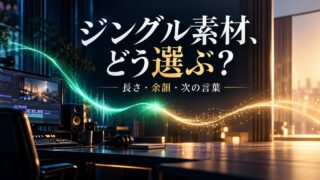 短い音の合図から次の語りへ渡す関係を表したジングル選びの概念イメージ。特定商品の波形や実際の音声解析ではありません。