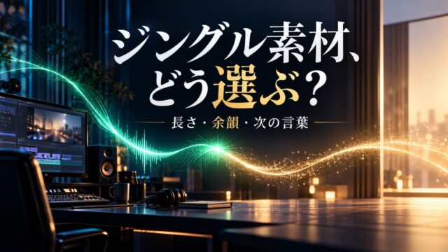 短い音の合図から次の語りへ渡す関係を表したジングル選びの概念イメージ。特定商品の波形や実際の音声解析ではありません。