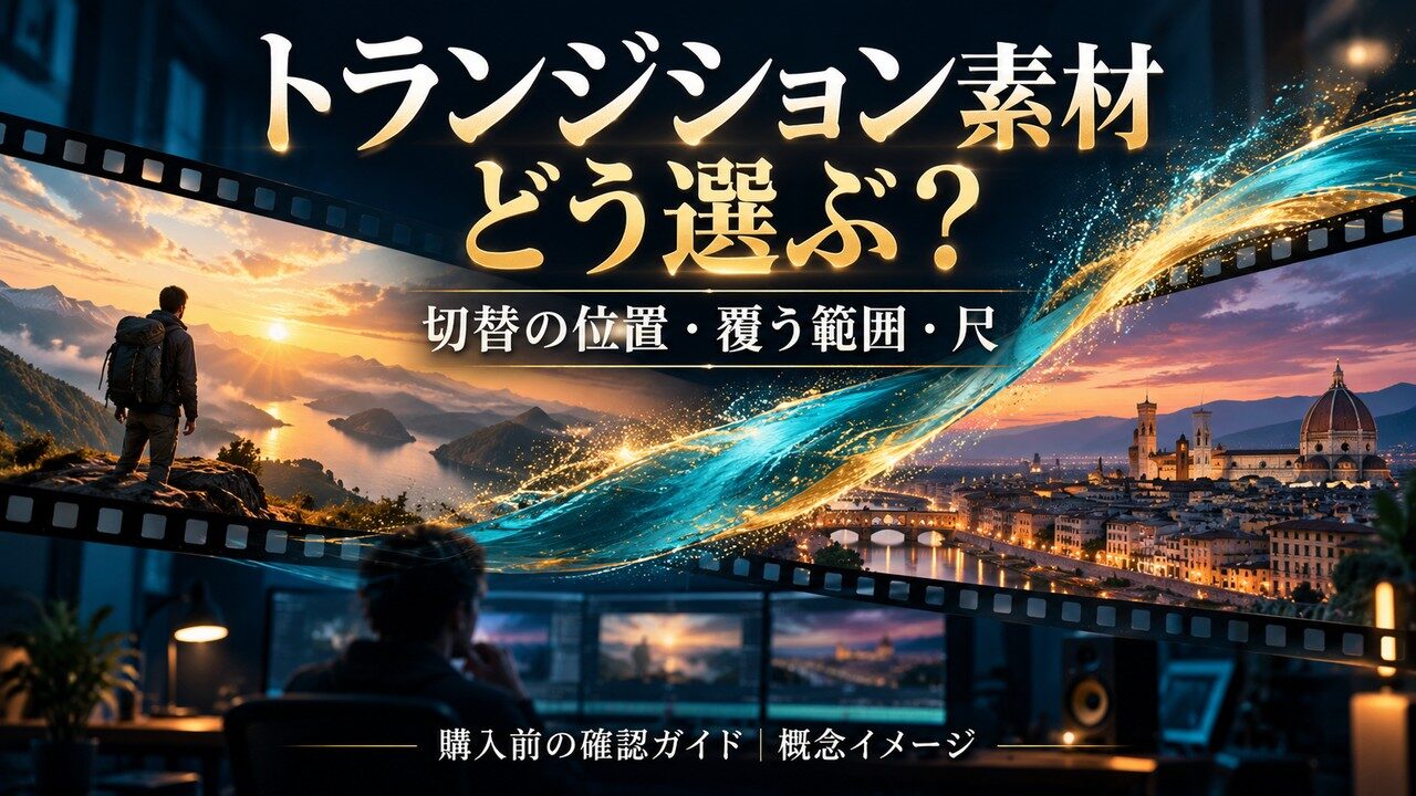 前後の映像を切替素材でつなぐ関係を表した概念イメージ。特定商品の再生画面や実際の合成結果ではありません。