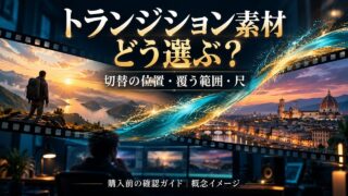 前後の映像を切替素材でつなぐ関係を表した概念イメージ。特定商品の再生画面や実際の合成結果ではありません。