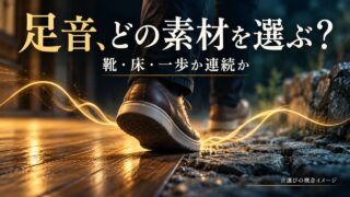 靴と接地面、映像の歩く場面に足音を合わせる条件を示す概念イメージ。実商品の録音や試用結果ではありません。
