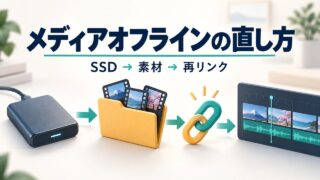 メディアオフラインをSSD・素材・再リンクの順に確認するアイキャッチ