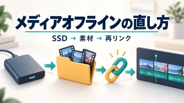 メディアオフラインをSSD・素材・再リンクの順に確認するアイキャッチ