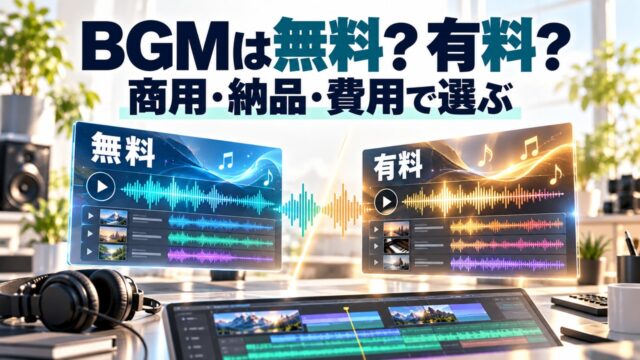 BGMは無料か有料か。編集用モニターとヘッドホン、無料と有料の音楽ライブラリを同じ大きさで表したオリジナル構成イメージ。