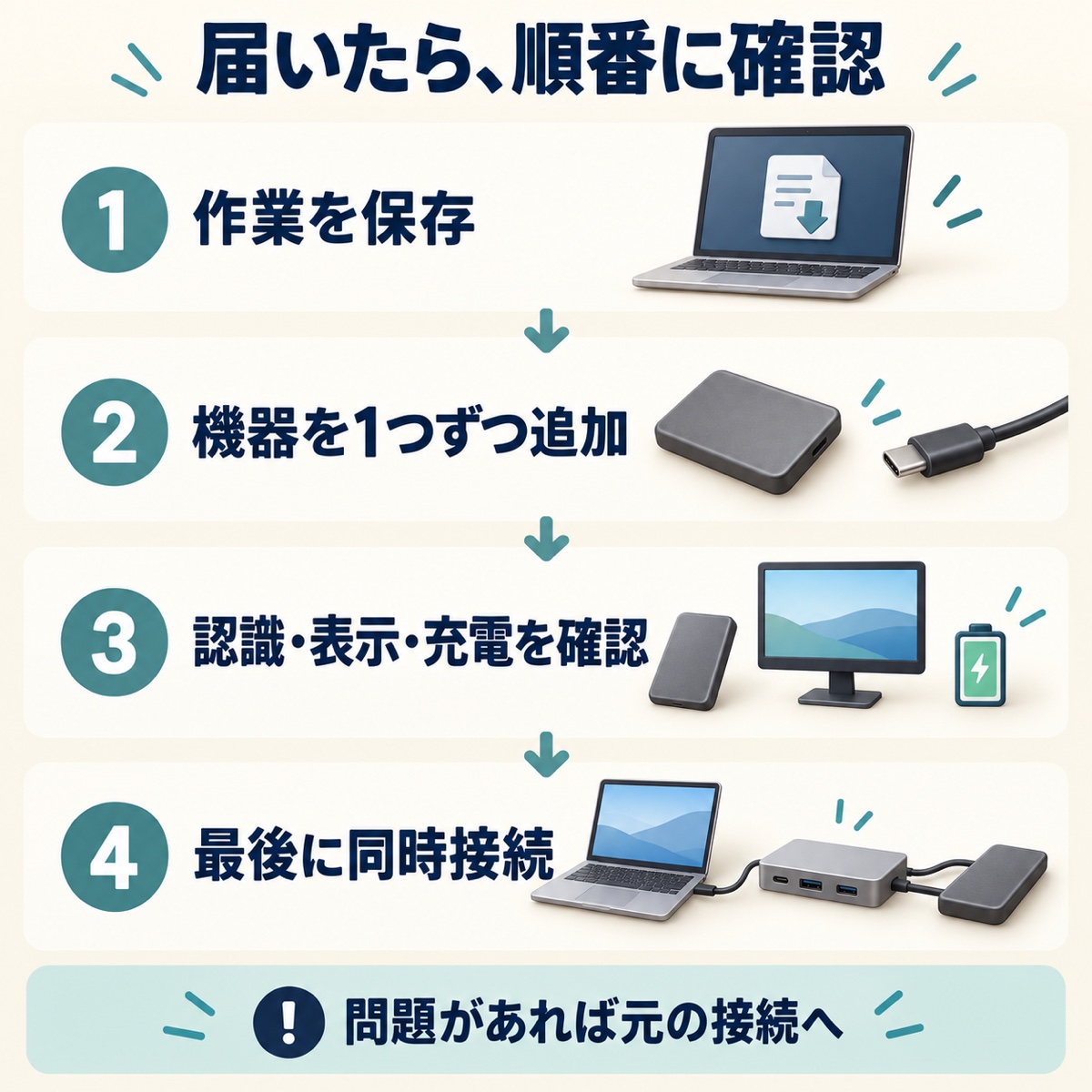 USB-Cハブ接続後は作業を保存し、機器を一つずつ追加して認識・表示・充電を確認し、最後に同時接続を試す順序