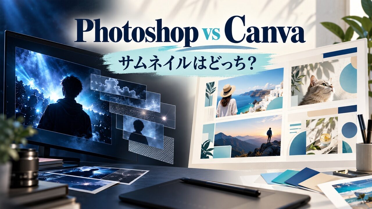 PhotoshopとCanvaを、写真レイヤーとサムネイルのレイアウトから比較するイメージ
