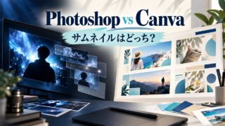 PhotoshopとCanvaを、写真レイヤーとサムネイルのレイアウトから比較するイメージ