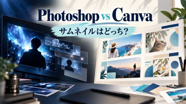 PhotoshopとCanvaを、写真レイヤーとサムネイルのレイアウトから比較するイメージ