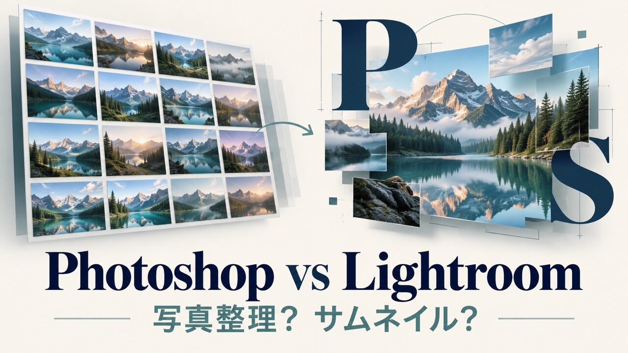 PhotoshopとLightroomの用途比較。複数写真の整理と、写真・文字レイヤーによる合成を対比したイメージ。実際の操作画面ではないイラスト。