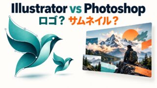 IllustratorとPhotoshopの用途比較。曲線とアンカーポイントの鳥形マークと、山の写真を使う合成画像を対比したイラスト。実際の操作画面ではない。