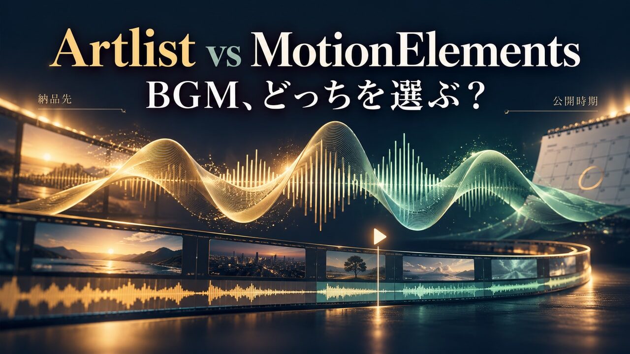 ArtlistとMotionElementsのBGM選びを、音の波形と動画タイムラインで表したオリジナル概念イラスト