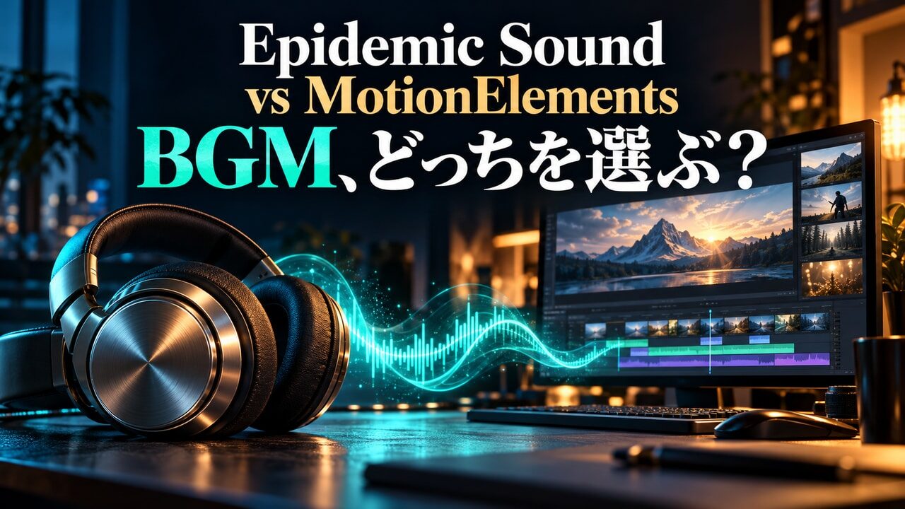 Epidemic SoundとMotionElementsのBGM選びを表した、ヘッドホンと編集画面のオリジナル概念イラスト