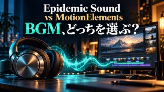 Epidemic SoundとMotionElementsのBGM選びを表した、ヘッドホンと編集画面のオリジナル概念イラスト