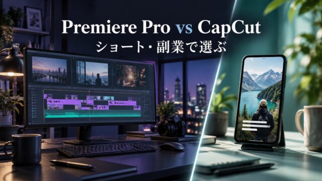 Premiere ProとCapCutを、PCの動画編集とスマホの縦型動画から比較するイメージ