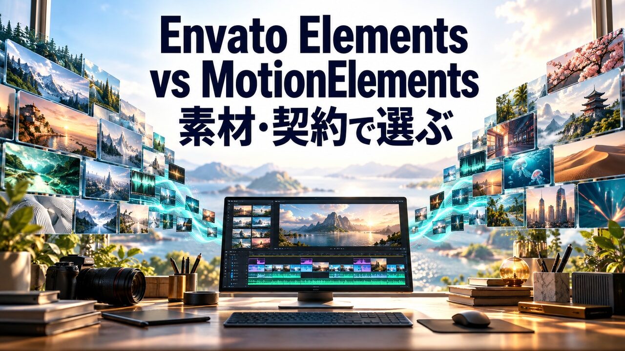 Envato ElementsとMotionElementsの素材・契約比較。二つの素材ライブラリと編集用モニターを表したオリジナルの構成イメージ。公式画面ではありません。